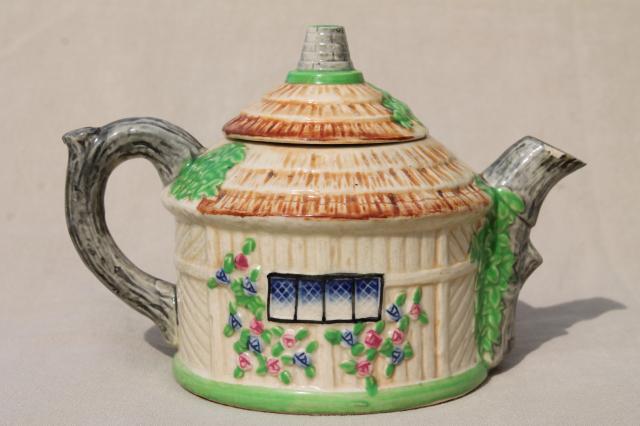 photo of thatched cottage china teapot, vintage Japan hand painted ceramic cottageware #3