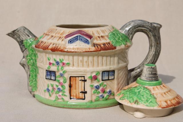 photo of thatched cottage china teapot, vintage Japan hand painted ceramic cottageware #6