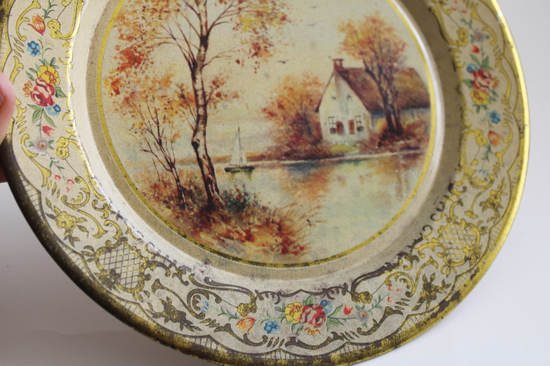 photo of thatched cottage picture, vintage Daher Decorated Ware tin tray wall hanging #2