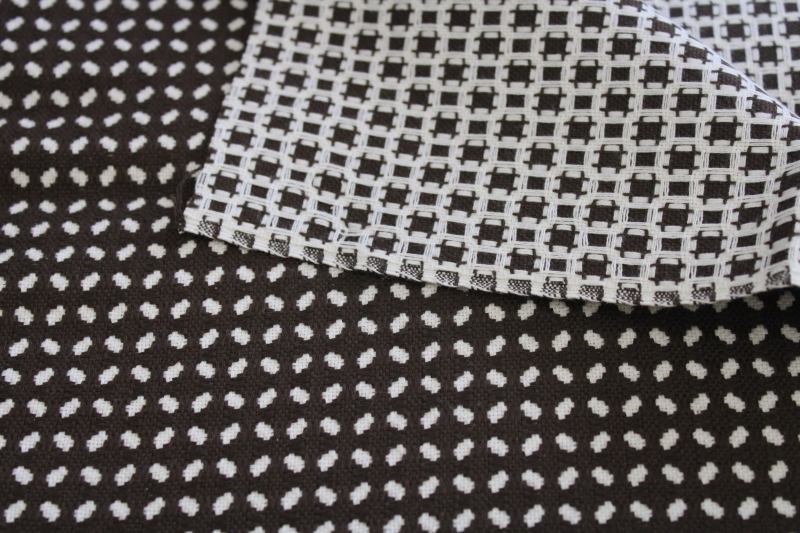 photo of thick cotton fabric, firm weave w/ woven pattern dark chocolate w/ white 70s vintage #1