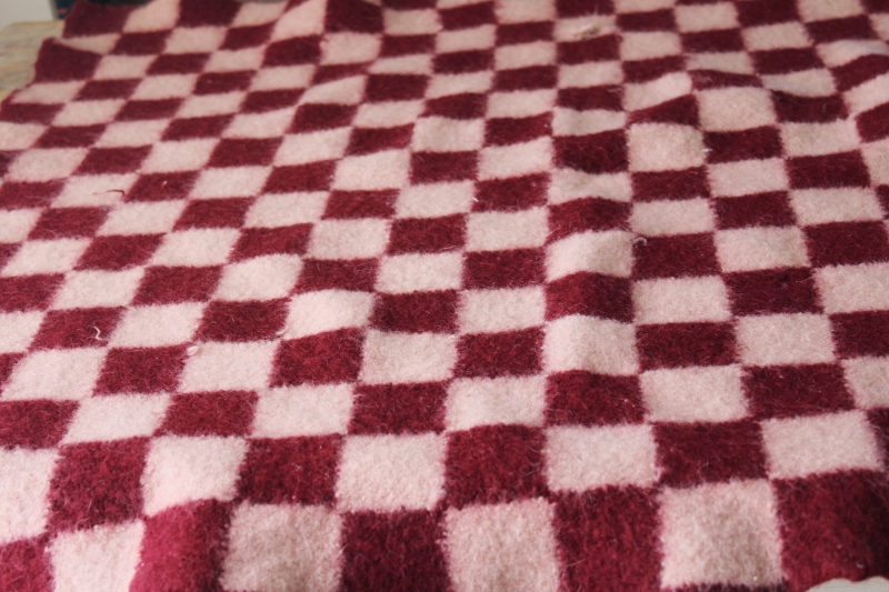 photo of thick felted wool blanket, cutter craft fabric vintage primitive checkerboard wine red & cream #1