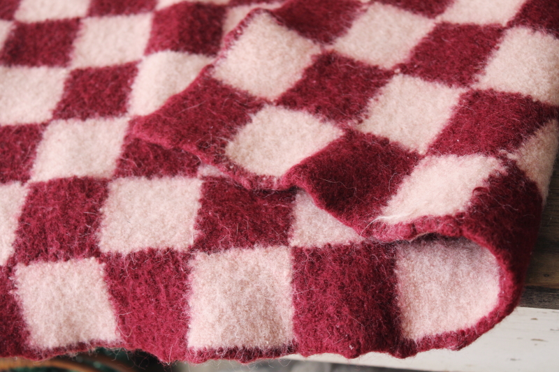 photo of thick felted wool blanket, cutter craft fabric vintage primitive checkerboard wine red & cream #2