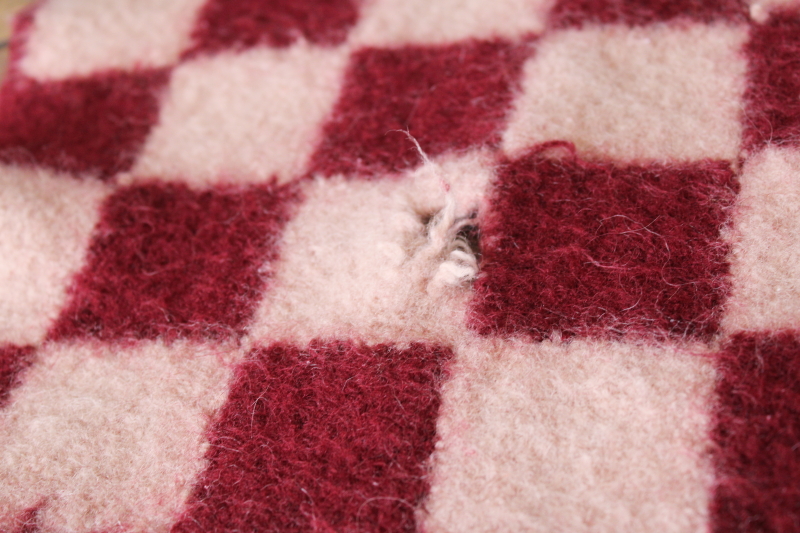 photo of thick felted wool blanket, cutter craft fabric vintage primitive checkerboard wine red & cream #3