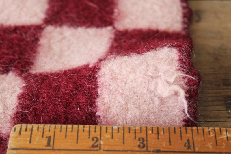 photo of thick felted wool blanket, cutter craft fabric vintage primitive checkerboard wine red & cream #4