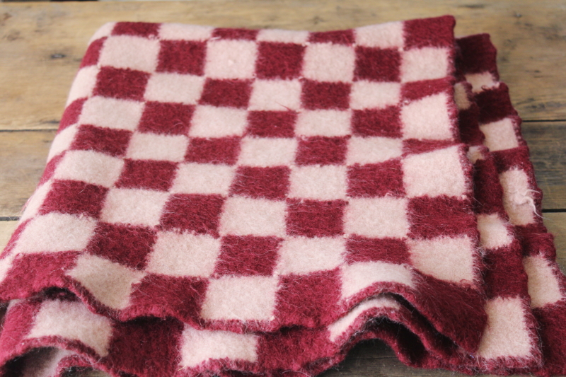 photo of thick felted wool blanket, cutter craft fabric vintage primitive checkerboard wine red & cream #5