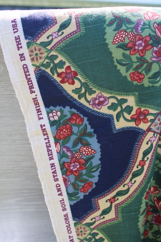photo of thick linen weave cotton fabric, paisley tiles print blue & green decorator material #3