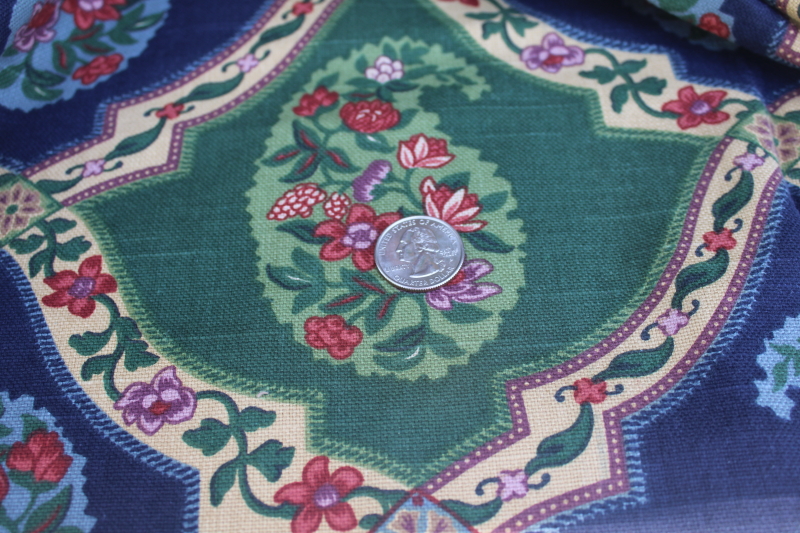 photo of thick linen weave cotton fabric, paisley tiles print blue & green decorator material #5