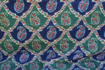 catalog photo of thick linen weave cotton fabric, paisley tiles print blue & green decorator material