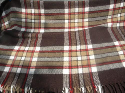 photo of thick vintage wool throw or camp blanket, brown and red plaid w/ fringe #2