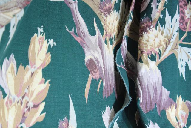 photo of thistle pattern vintage cotton barkcloth fabric project pieces, 1940s 50s floral #5