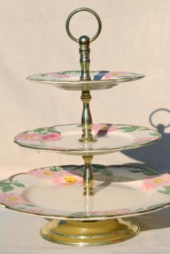 catalog photo of three tier cake plate, tiered serving tray vintage Franciscan Desert Rose pattern