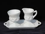 photo of thumbprint king's crown pattern milk glass, cream pitcher and sugar bowl w/ tray #1