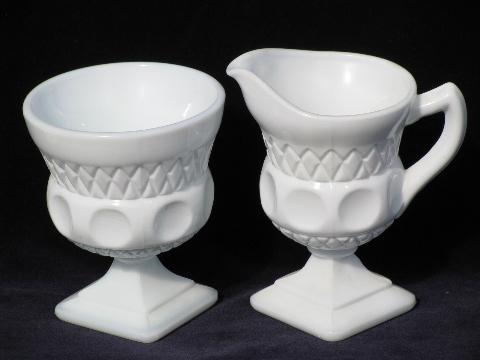 photo of thumbprint king's crown pattern milk glass, cream pitcher and sugar bowl w/ tray #2