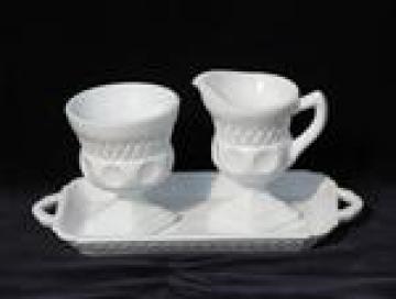 catalog photo of thumbprint king's crown pattern milk glass, cream pitcher and sugar bowl w/ tray