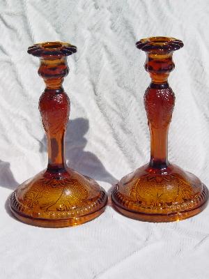 photo of tiara vintage daisy sandwich amber glass candlesticks #1