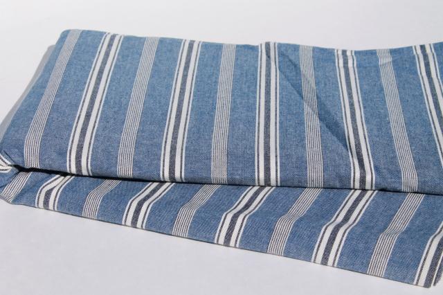 photo of ticking stripe chambray blue & white work shirt fabric, heavy cotton shirting stripes #2