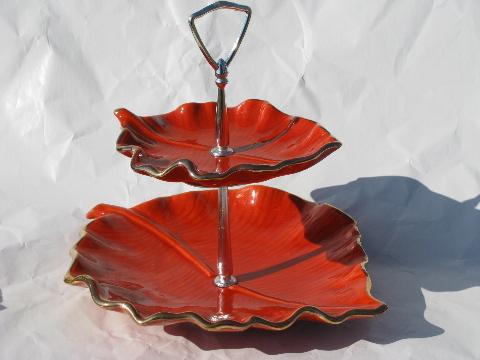 photo of tiered sandwich plate, orange autumn leaves, vintage California pottery #1