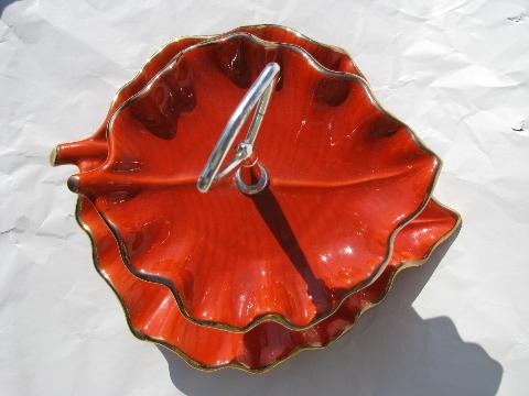 photo of tiered sandwich plate, orange autumn leaves, vintage California pottery #2