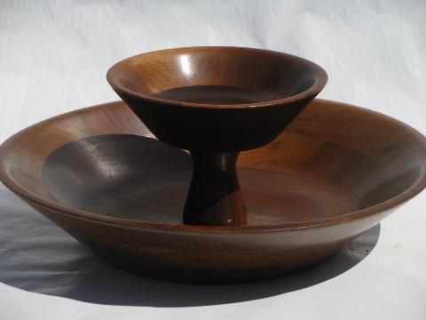 photo of tiered wood serving bowl, hand-crafted black walnut wood, 60s vintage #1