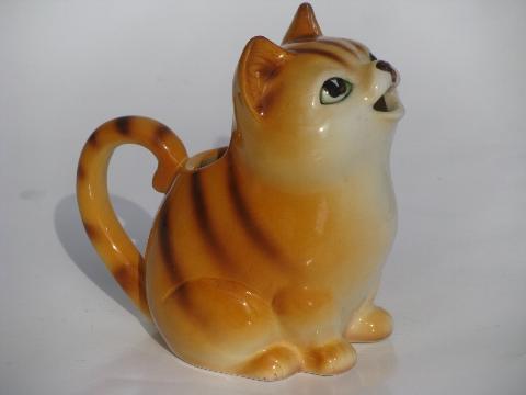 photo of tiger striped tabby cat cream pitcher, vintage Japan china kitty creamer #1