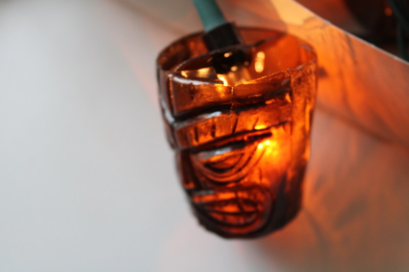 photo of tiki head mini lights, retro party or bar decor, root beer brown plastic tikis w/ long light bulbs  #2