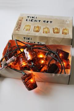 tiki head mini lights, retro party or bar decor, root beer brown plastic tikis w/ long light bulbs 