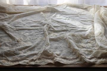 catalog photo of time worn antique embroidered curtain panel, sheer ivory cotton voile w/ flowers 