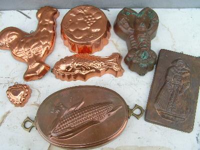 photo of tinned copper kitchen molds, large lot, rooster etc. #1