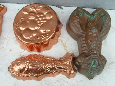 photo of tinned copper kitchen molds, large lot, rooster etc. #2