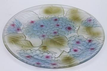 catalog photo of tinted color painted glass platter or cake plate, blue hydrangea floral embossed flowers