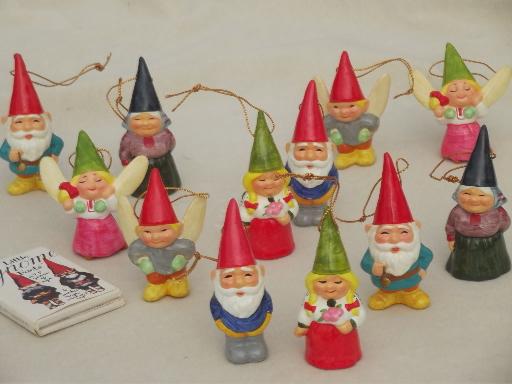 photo of tiny Book of Gnomes & lot of gnome Christmas tree ornaments, 70s vintage #1