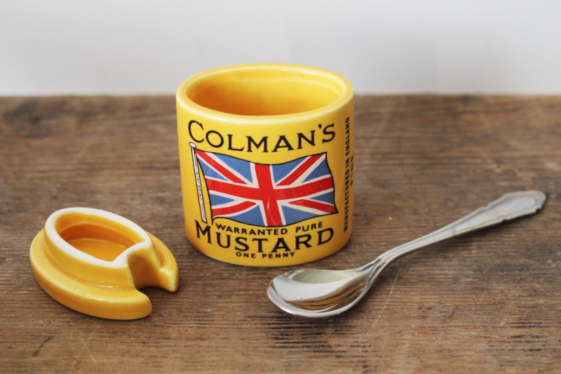 photo of tiny Colman's mustard pot, old Bull's Head advertising label vintage reproduction condiment jar England  #2