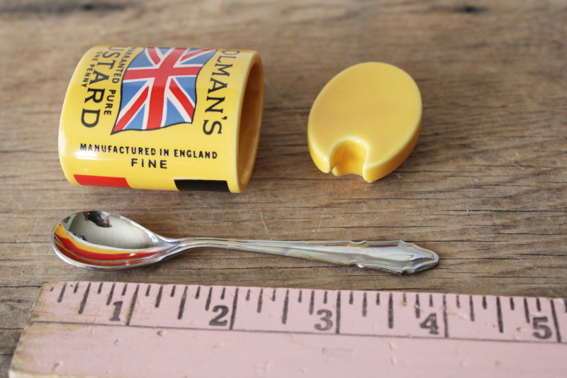 photo of tiny Colman's mustard pot, old Bull's Head advertising label vintage reproduction condiment jar England  #3