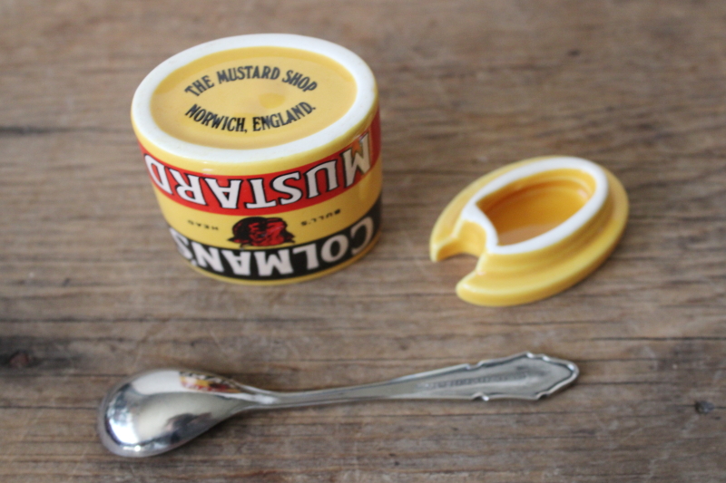 photo of tiny Colman's mustard pot, old Bull's Head advertising label vintage reproduction condiment jar England  #5