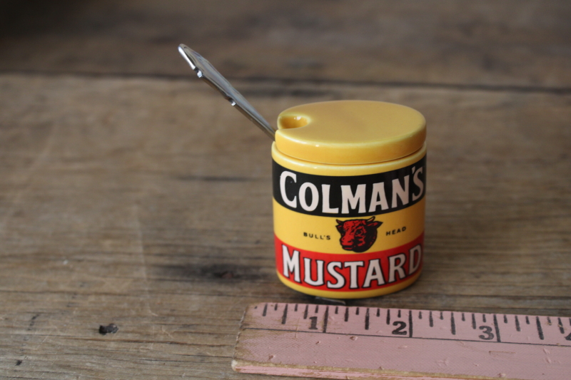 photo of tiny Colman's mustard pot, old Bull's Head advertising label vintage reproduction condiment jar England  #6