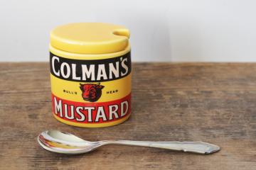 catalog photo of tiny Colman's mustard pot, old Bull's Head advertising label vintage reproduction condiment jar England 