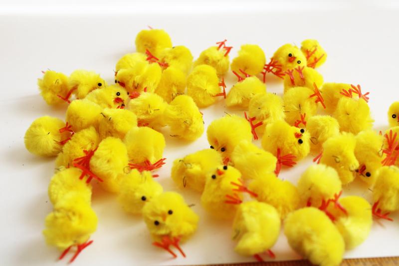 photo of tiny Easter chicks, lot of 50 yellow chenille baby chicks w/ plastic feet #3