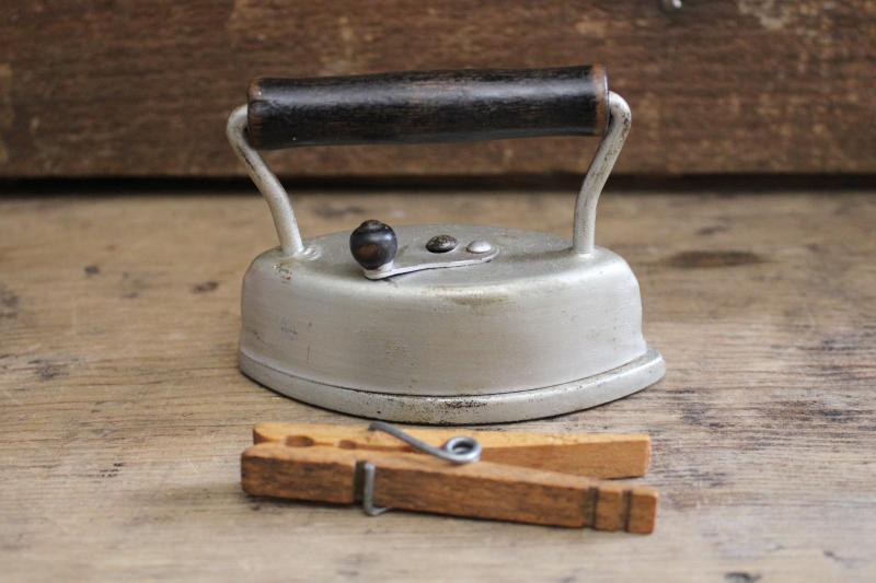 photo of tiny antique clothes iron, child's size sadiron w/ wood handle, early 1900s vintage #1