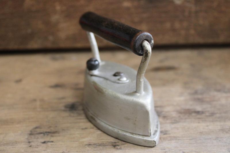 photo of tiny antique clothes iron, child's size sadiron w/ wood handle, early 1900s vintage #2