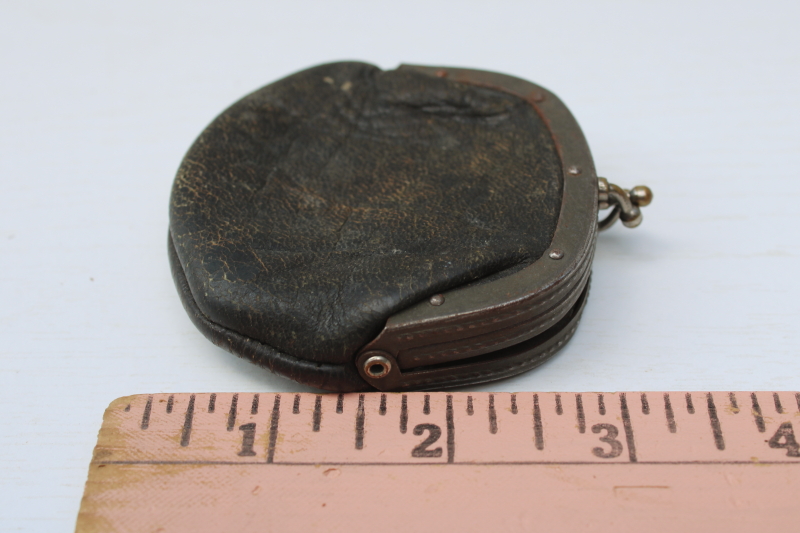 photo of tiny antique coin purse, two pocket clasp worn black leather child's purse or miniature size for evening bag #1