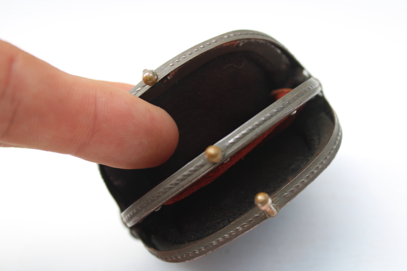 photo of tiny antique coin purse, two pocket clasp worn black leather child's purse or miniature size for evening bag  #2