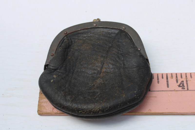 photo of tiny antique coin purse, two pocket clasp worn black leather child's purse or miniature size for evening bag  #3