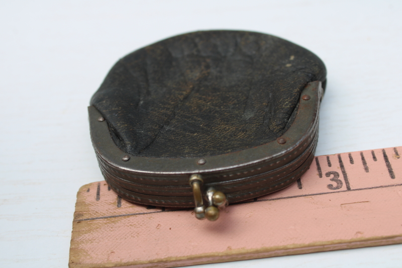 photo of tiny antique coin purse, two pocket clasp worn black leather child's purse or miniature size for evening bag  #4
