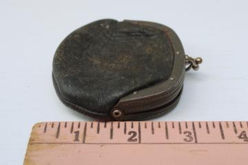 tiny antique coin purse, two pocket clasp worn black leather child's purse or miniature size for evening bag 