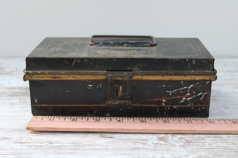 photo of tiny antique document box, black tole tin cash box Cream City early 1900s vintage original paint  #2