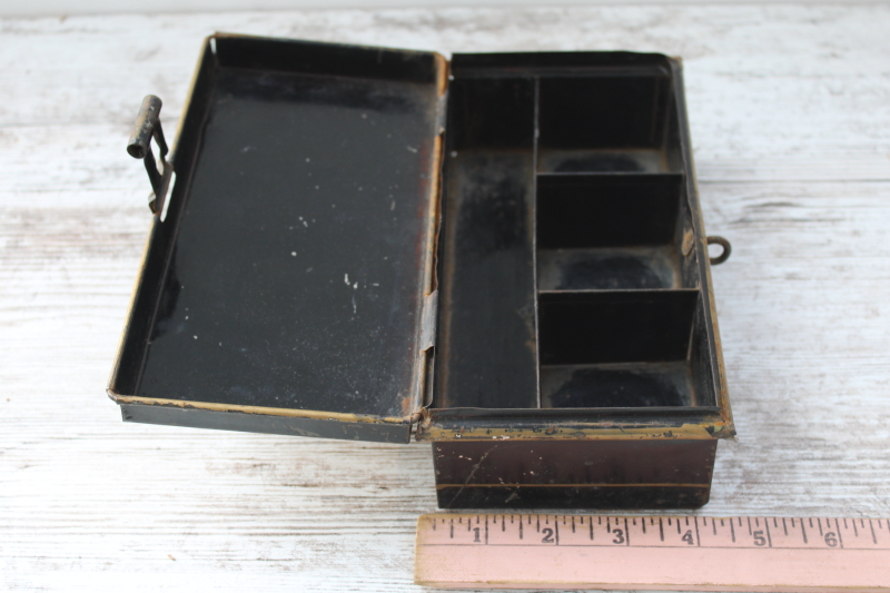 photo of tiny antique document box, black tole tin cash box Cream City early 1900s vintage original paint  #3