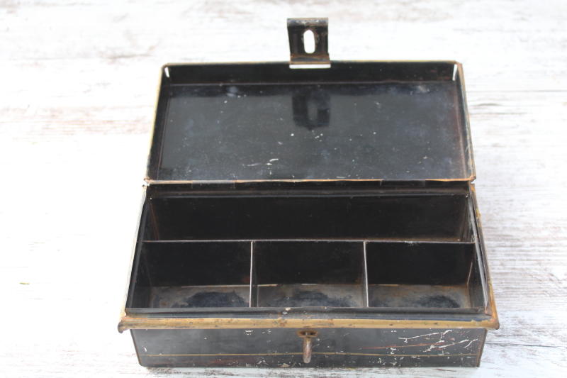 photo of tiny antique document box, black tole tin cash box Cream City early 1900s vintage original paint  #4