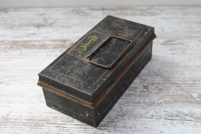 photo of tiny antique document box, black tole tin cash box Cream City early 1900s vintage original paint  #5