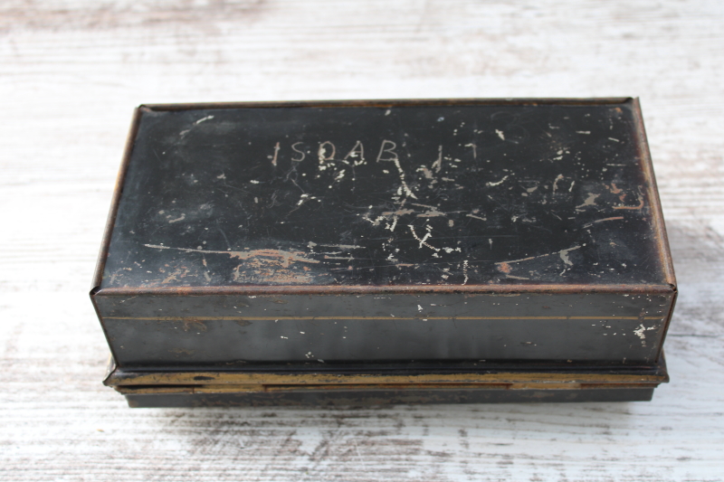 photo of tiny antique document box, black tole tin cash box Cream City early 1900s vintage original paint  #6