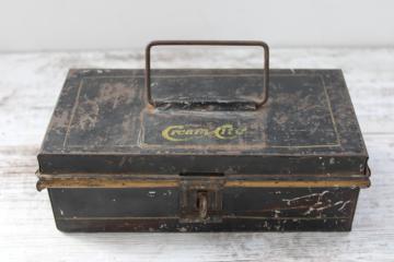 catalog photo of tiny antique document box, black tole tin cash box Cream City early 1900s vintage original paint 
